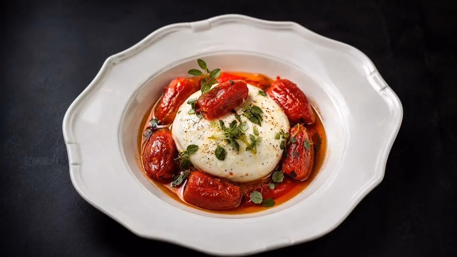 Un bol blanc contenant une boule de mozzarella, des tomates séchées et des feuilles de thym, posé sur une surface noire
